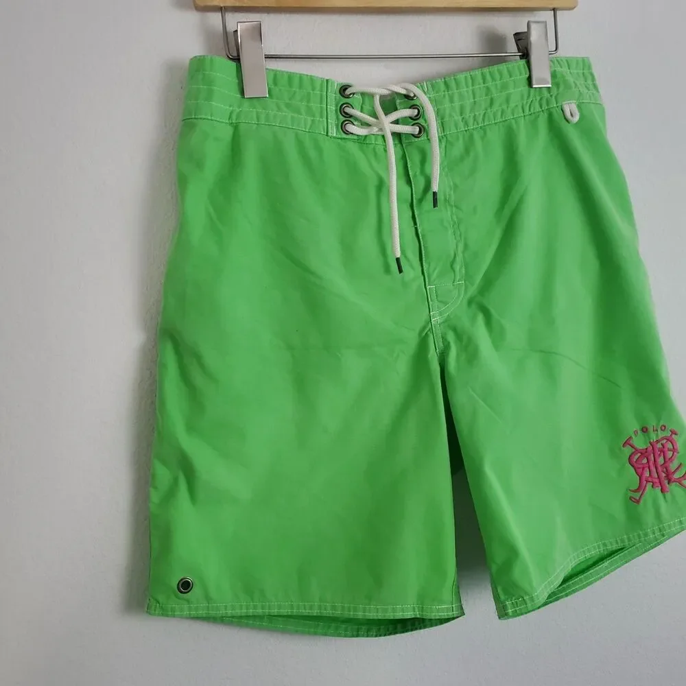 Polo Ralph Lauren Men's Swim Trunks Medium Neon Green Embroidered RL Mallet